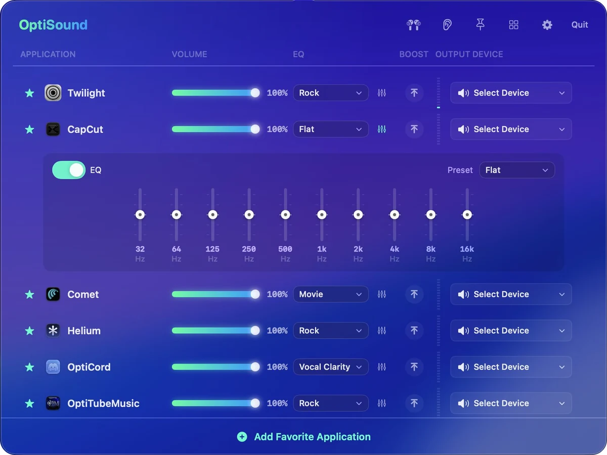 OptiSound in Lilac with an app's EQ open and its levels raised