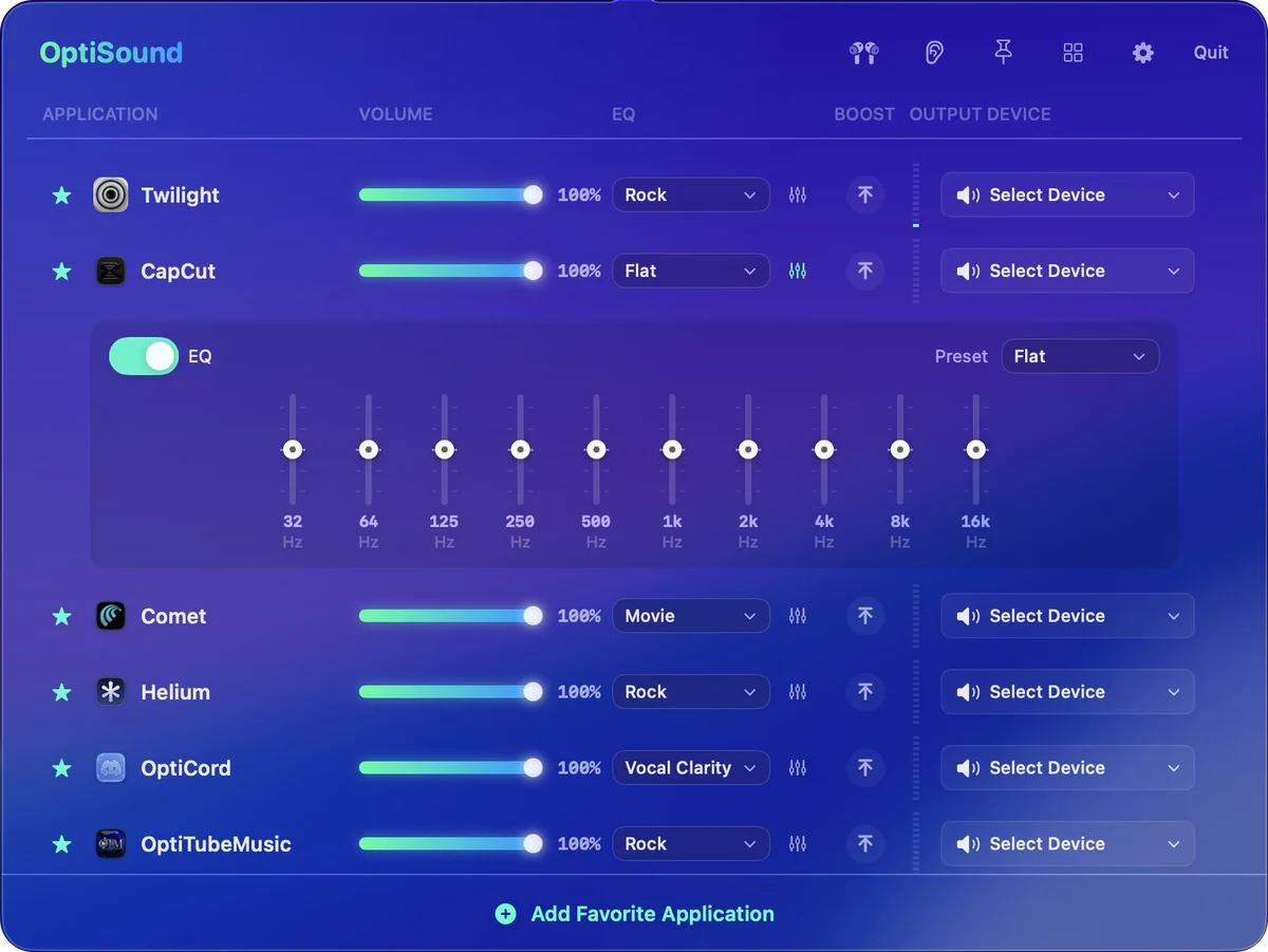 A 10-band EQ open under one app in the mixer, from 32 Hz to 16 kHz, with a preset menu