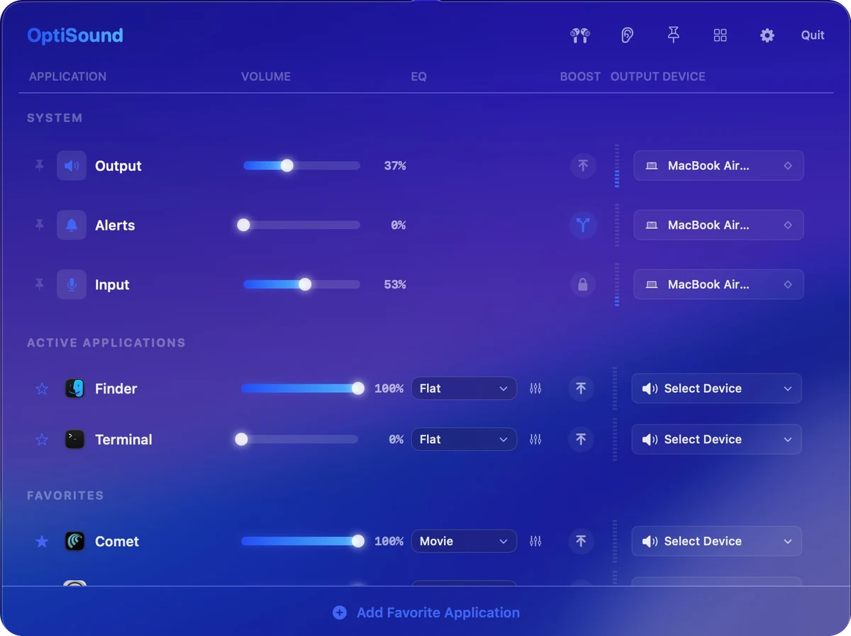 OptiSound's mixer: system output, alerts and input, then a slider, EQ preset and output device for each active app