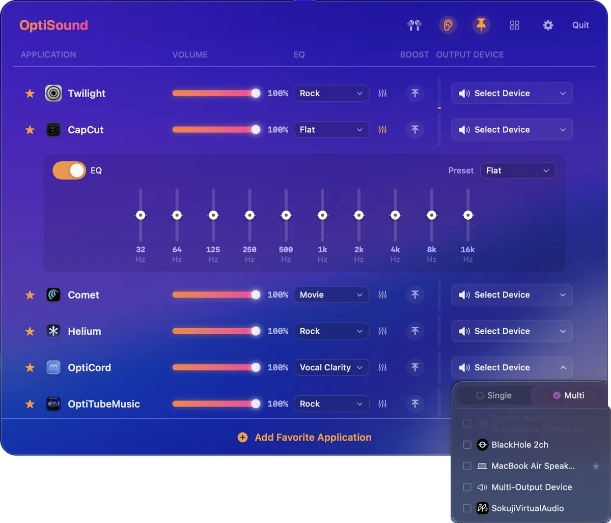 An app's output menu switched to Multi, with MacBook Air speakers and other devices ready to play together